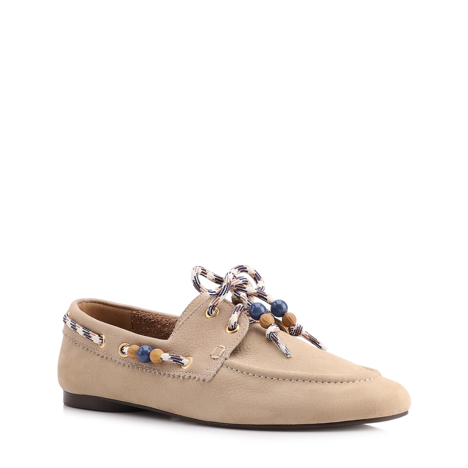 Mocassim Bege Couro Nobuck Floater Amarração Miçangas