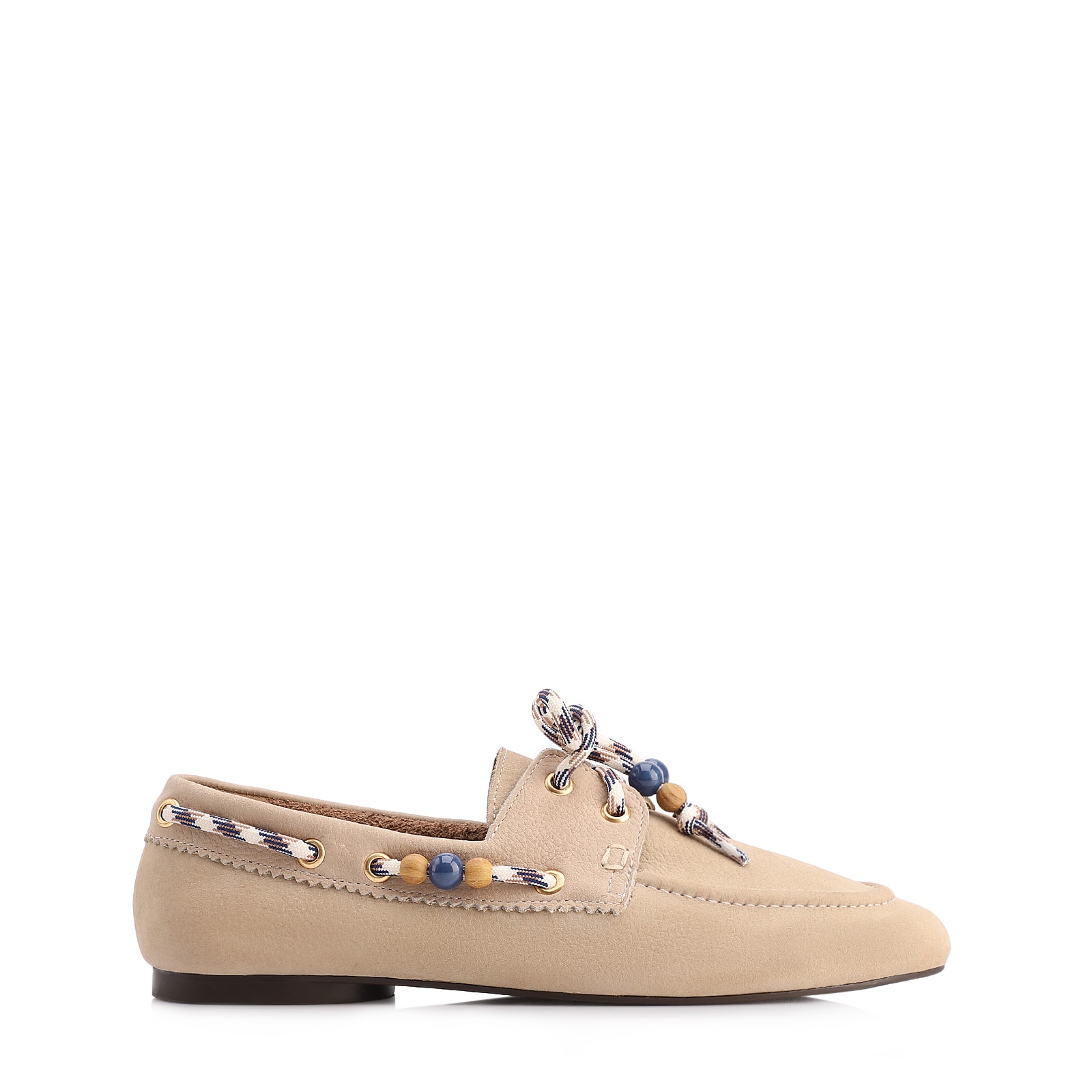 Mocassim Bege Couro Nobuck Floater Amarração Miçangas