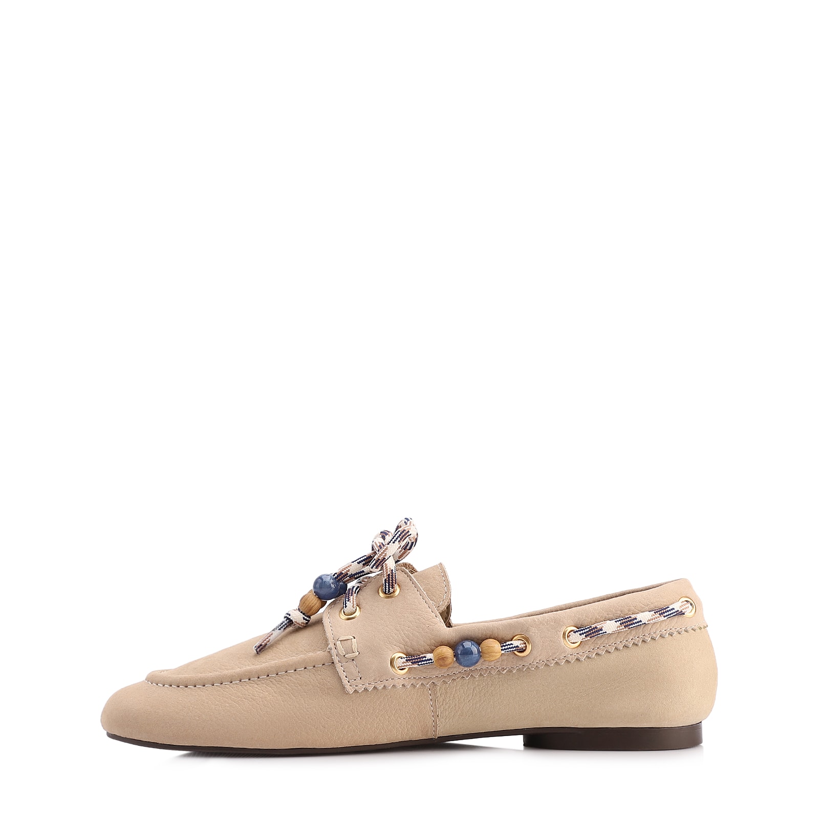 Mocassim Bege Couro Nobuck Floater Amarração Miçangas