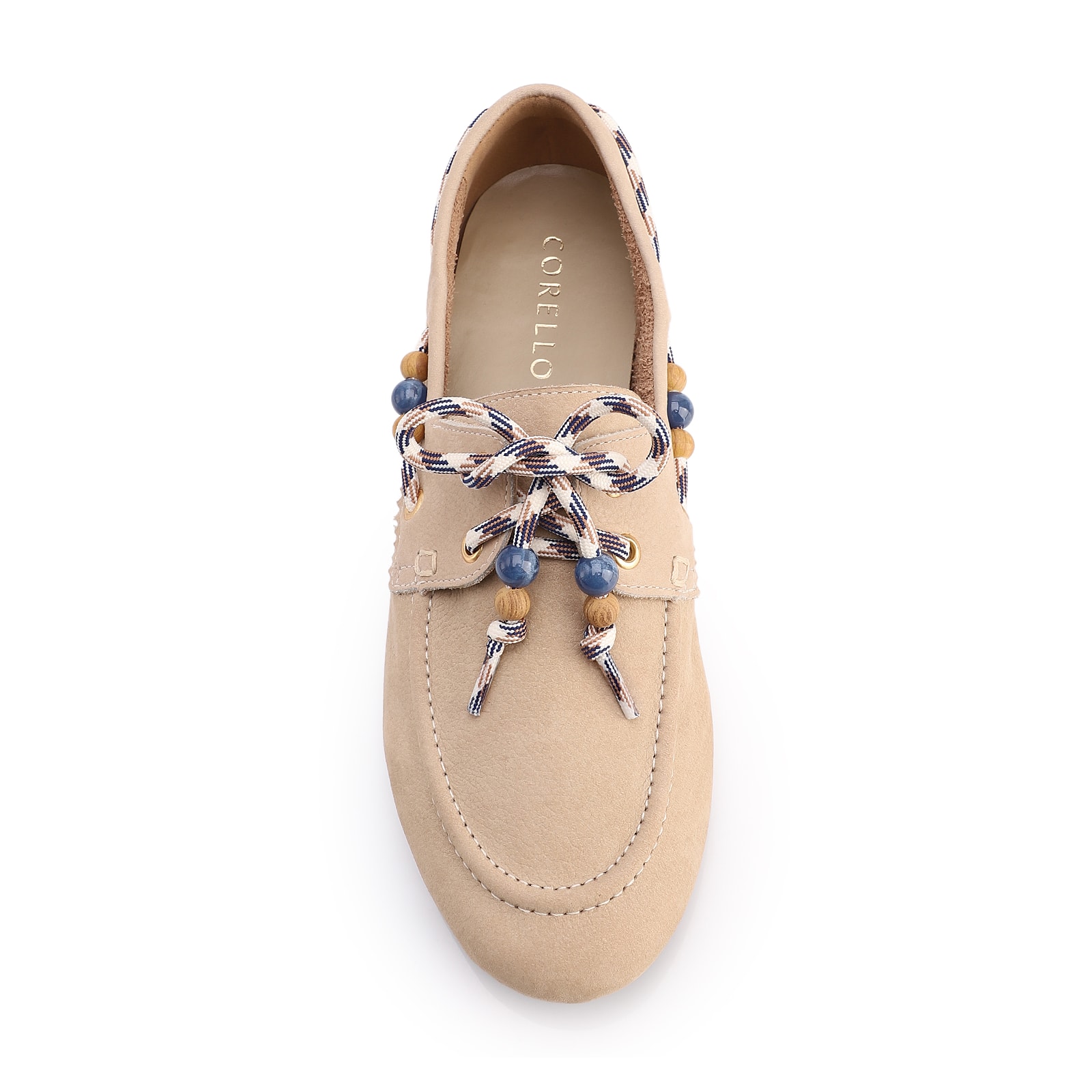 Mocassim Bege Couro Nobuck Floater Amarração Miçangas