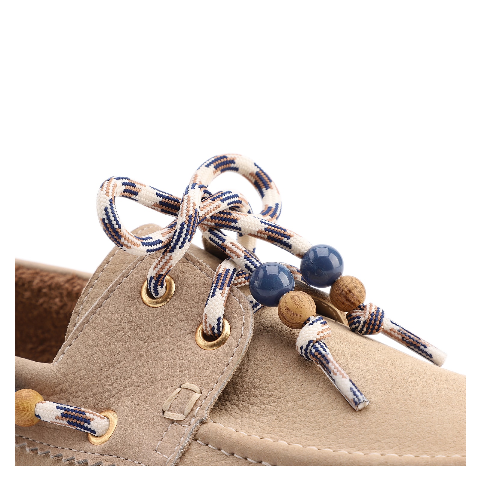 Mocassim Bege Couro Nobuck Floater Amarração Miçangas