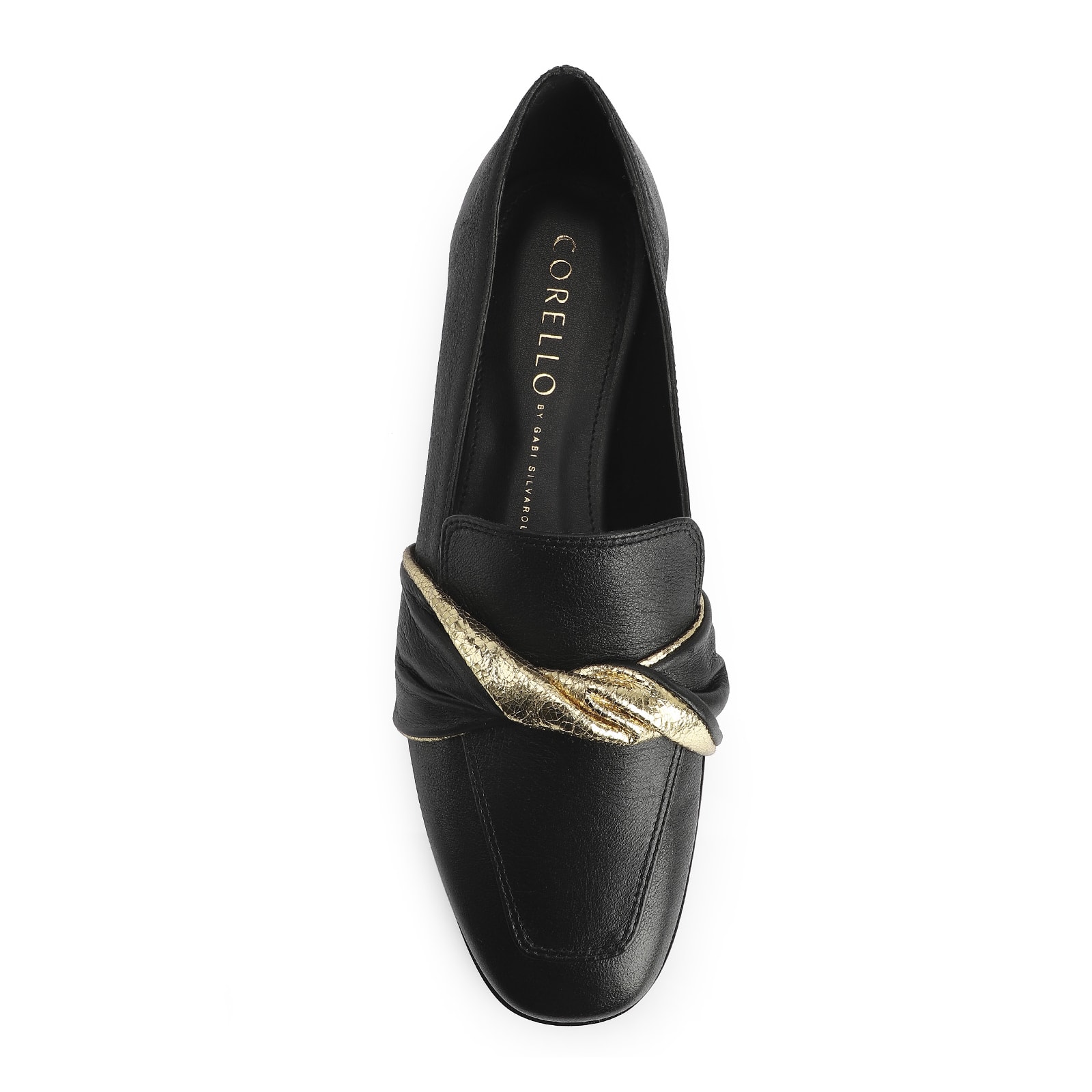 Mocassim Couro Preto/Dourado
