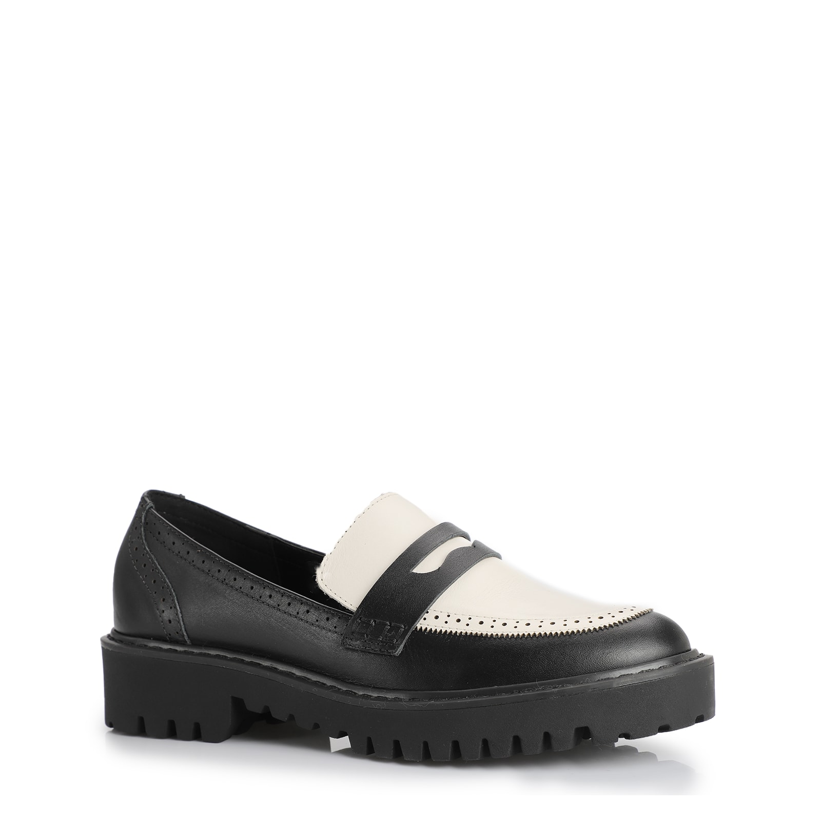 Mocassim Couro Preto e Branco