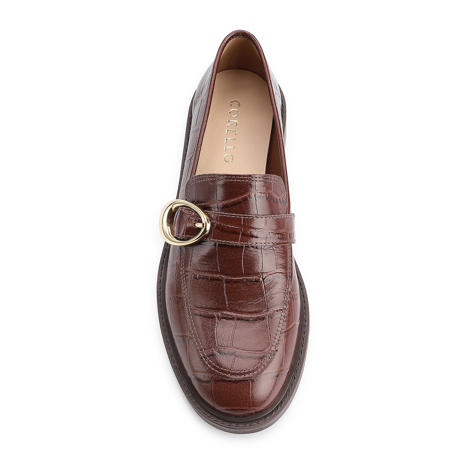 Mocassim Fivela Couro Croco Marrom