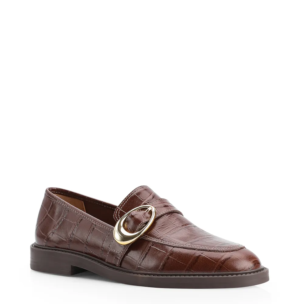 Mocassim Fivela Couro Croco Marrom