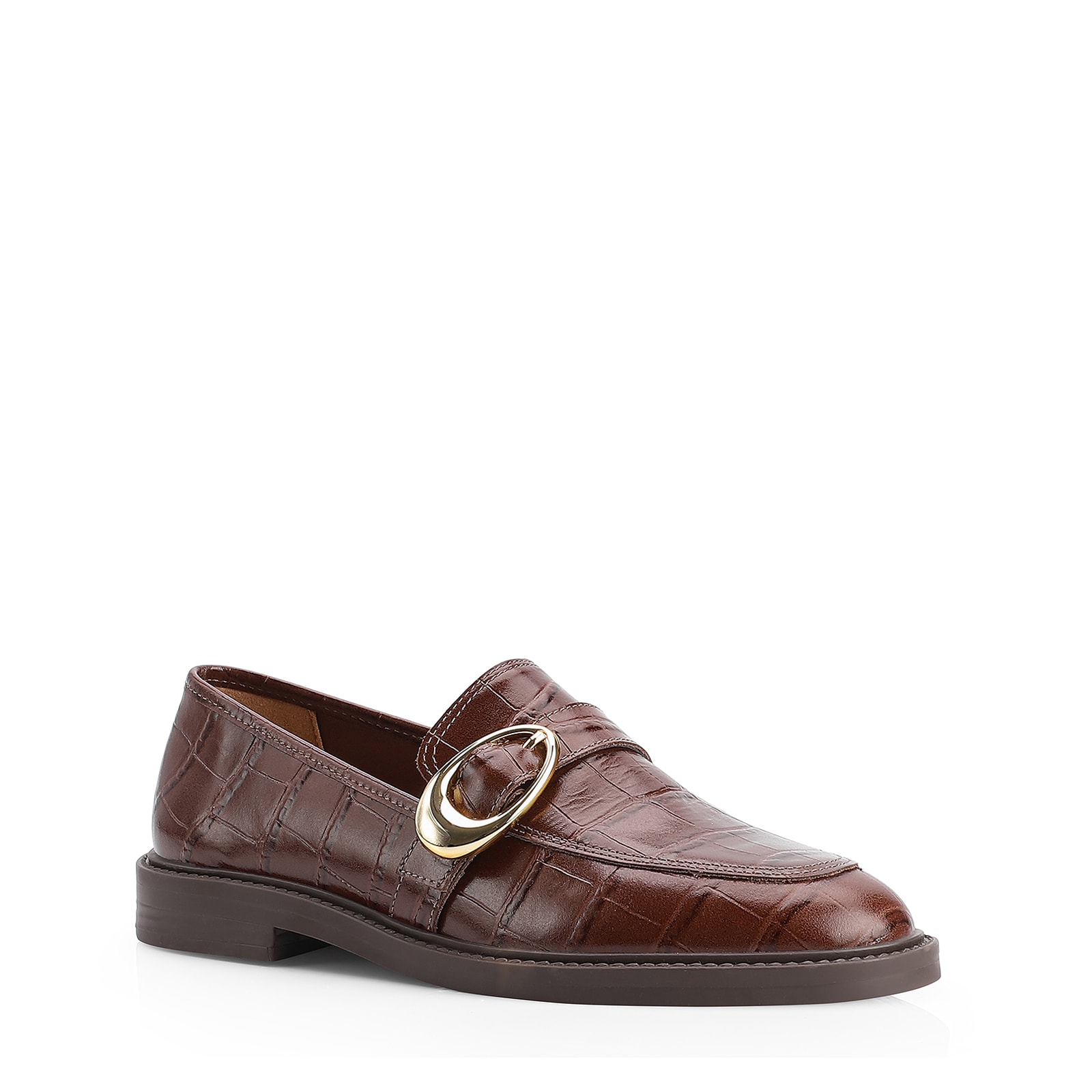Mocassim Fivela Couro Croco Marrom