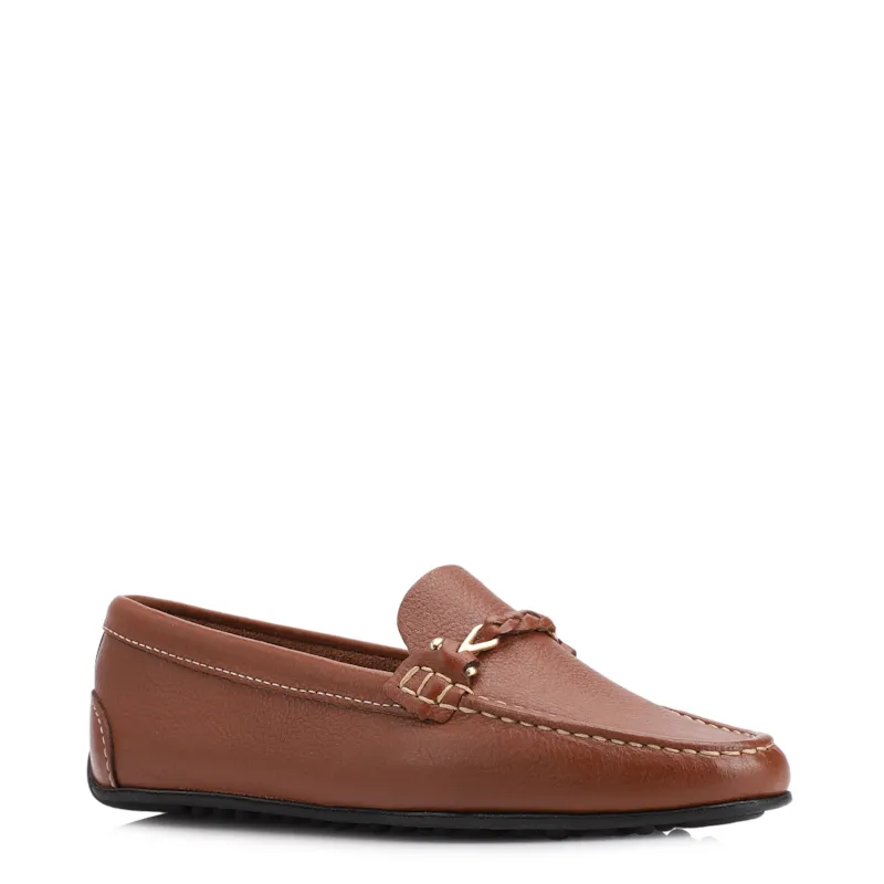 Mocassim Marrom Couro Antique Tira Trançada Pespontos