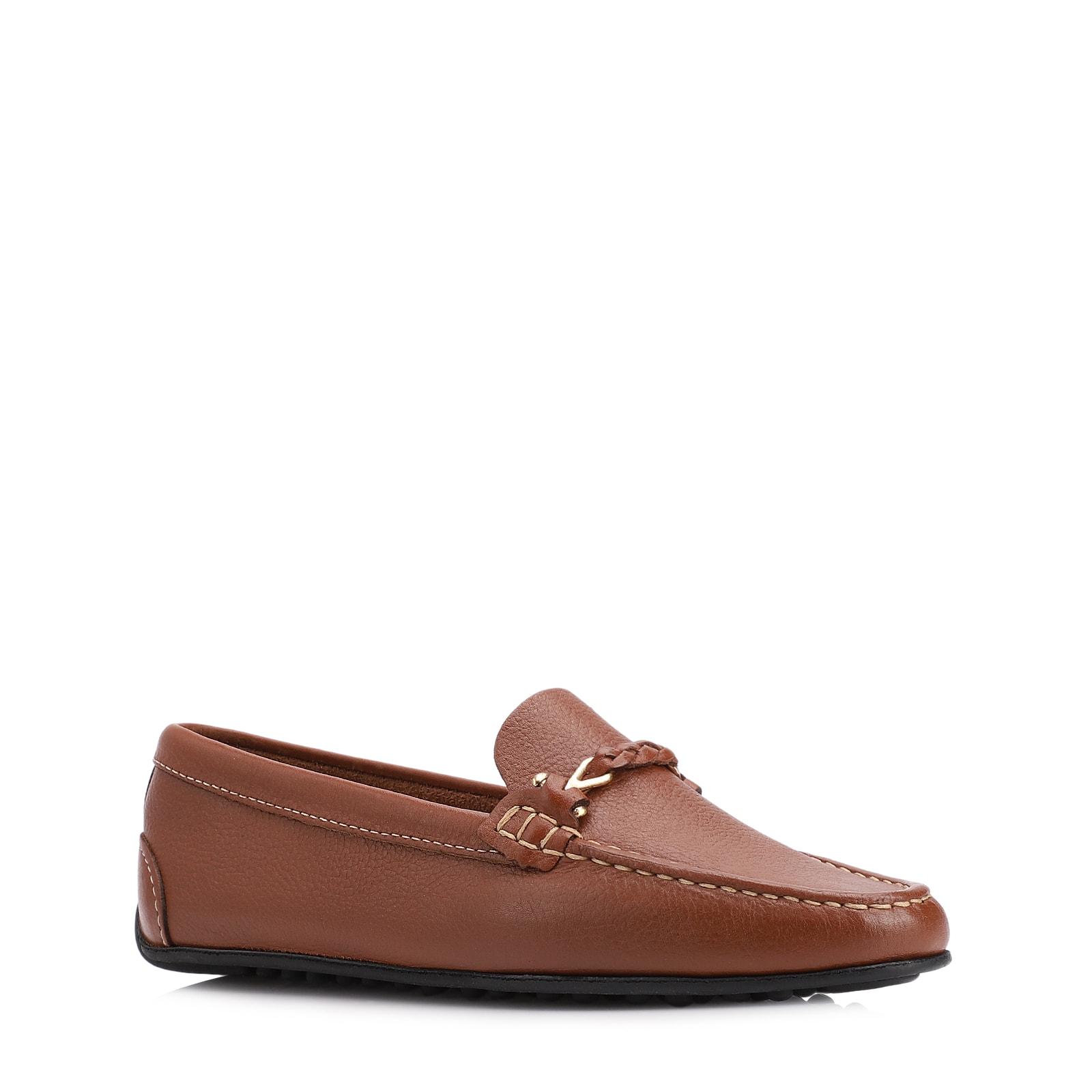 Mocassim Marrom Couro Antique Tira Trançada Pespontos
