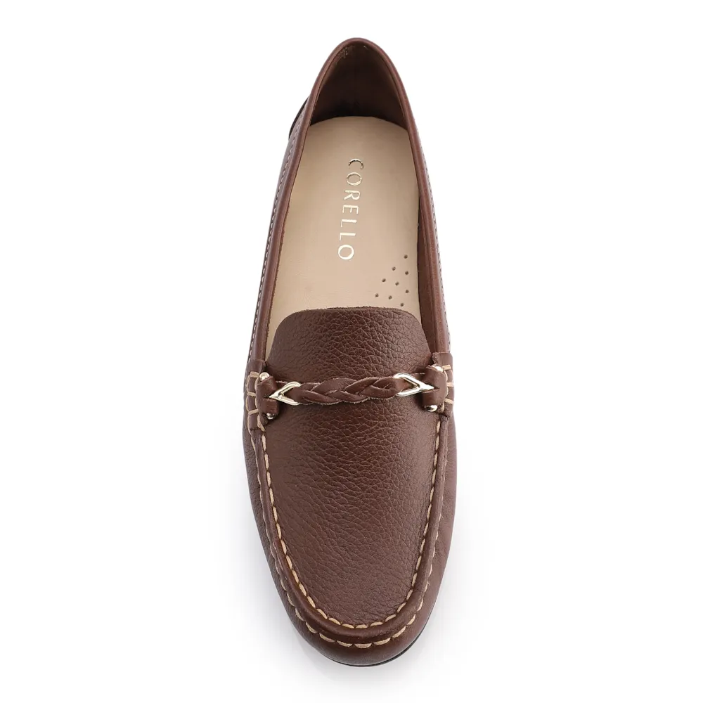 Mocassim Marrom Escuro Couro Antique Tira Trançada Pespontos - imagem 5