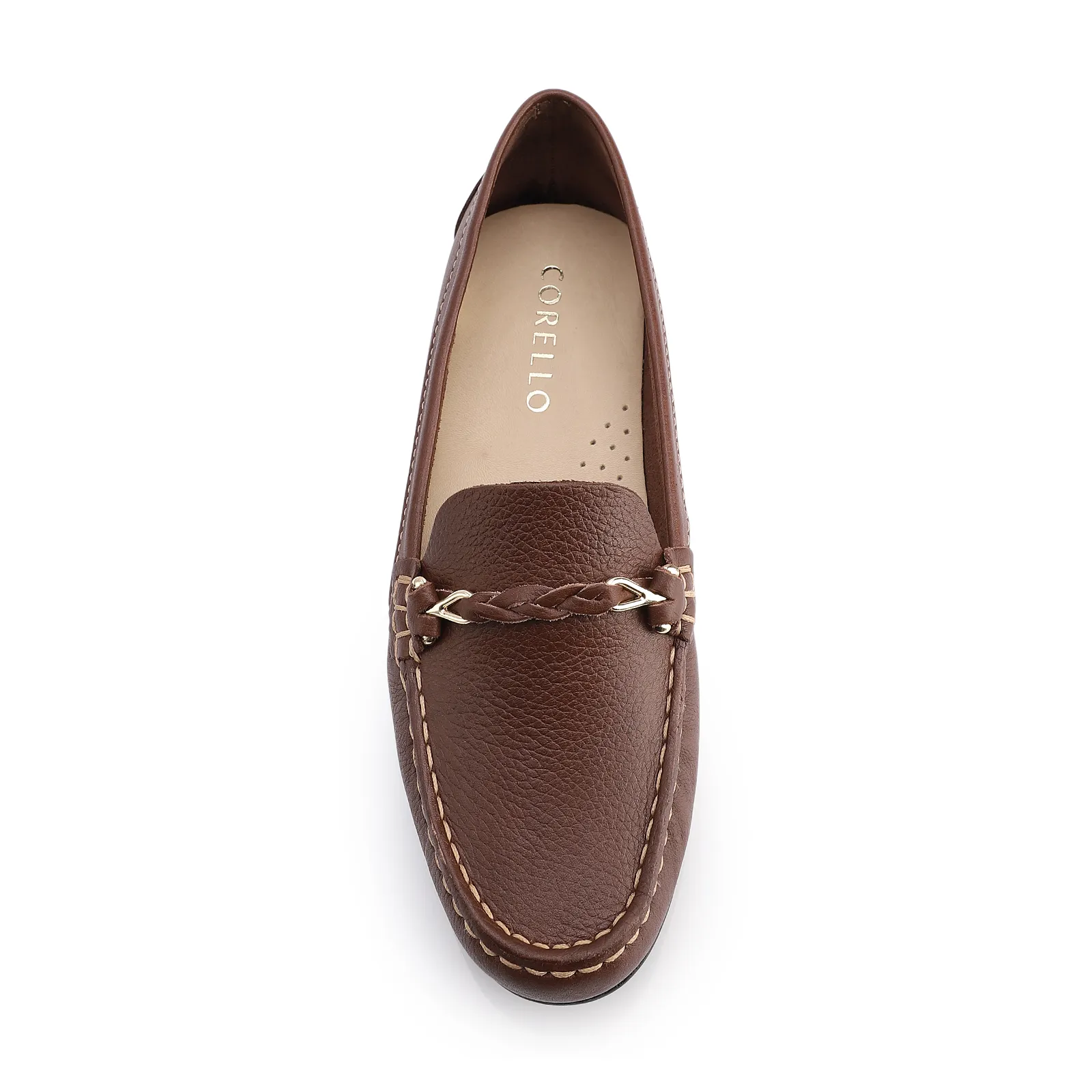 Mocassim Marrom Escuro Couro Antique Tira Trançada Pespontos