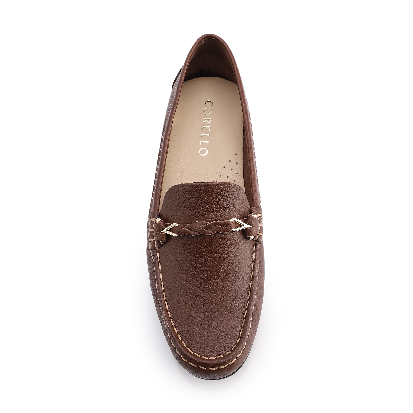Mocassim Marrom Escuro Couro Antique Tira Trançada Pespontos