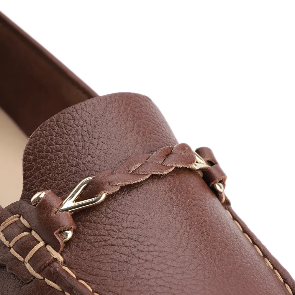 Mocassim Marrom Escuro Couro Antique Tira Trançada Pespontos - imagem 7
