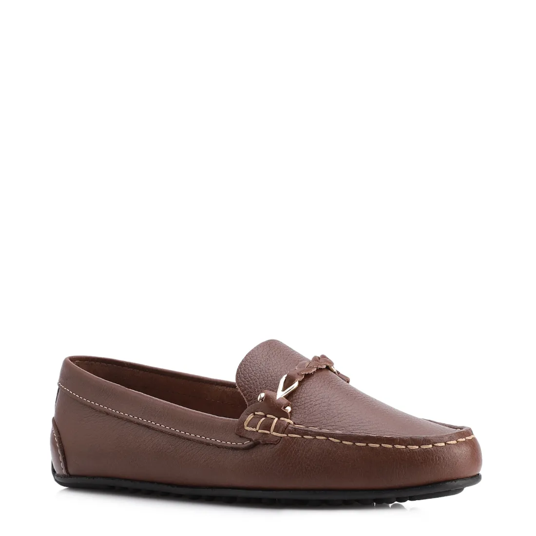 Mocassim Marrom Escuro Couro Antique Tira Trançada Pespontos