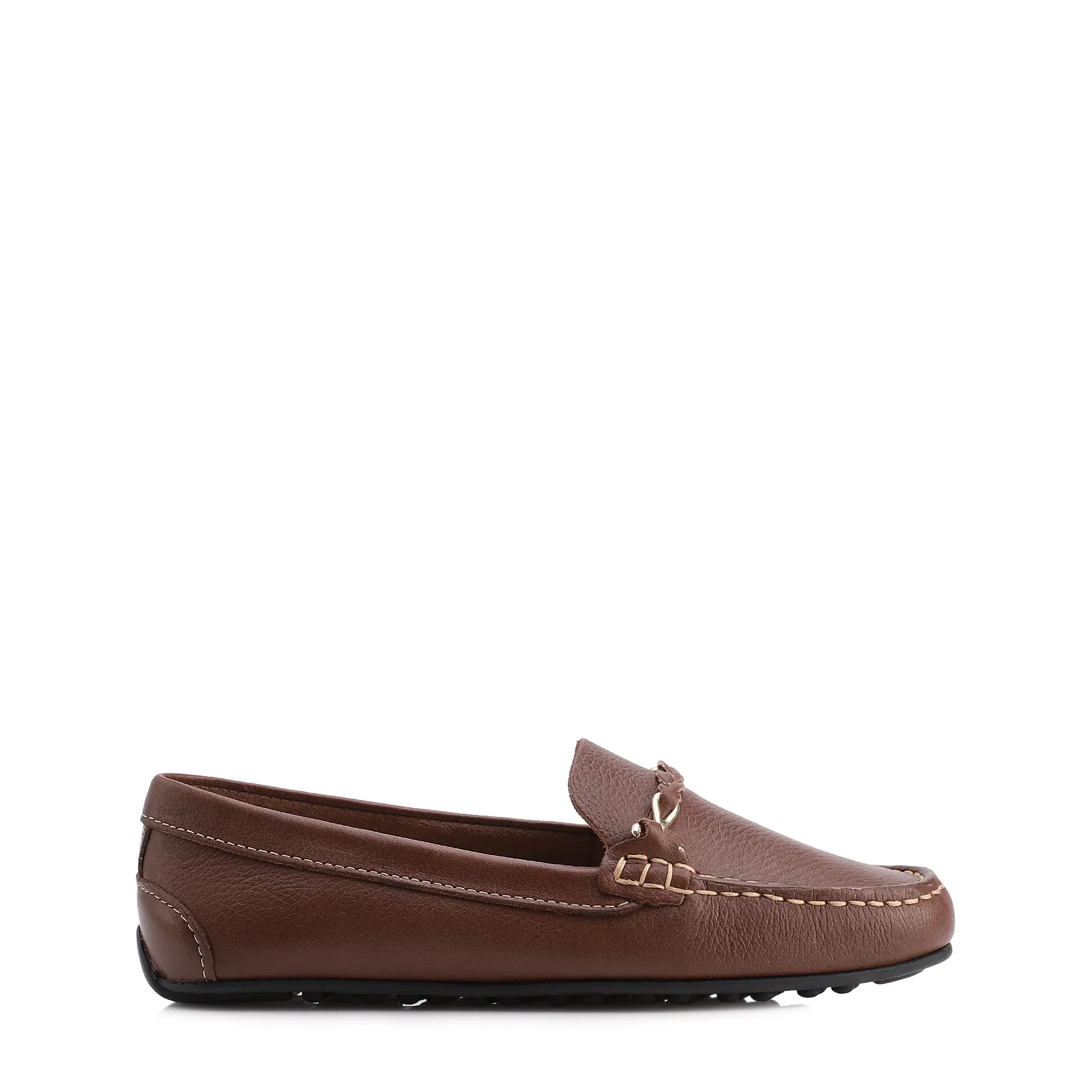 Mocassim Marrom Escuro Couro Antique Tira Trançada Pespontos