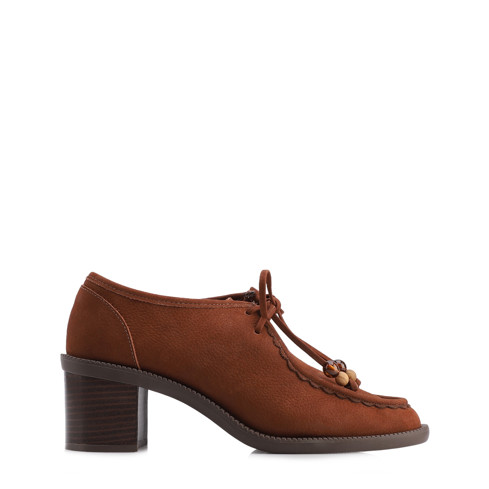 Mocassim Marrom Salto Bloco Médio Couro Nobuck Floater Amarração