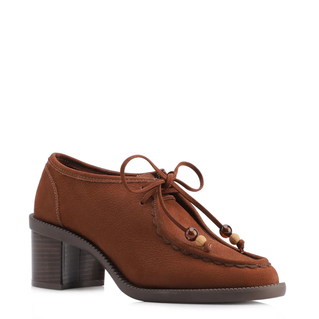 Mocassim Marrom Salto Bloco Médio Couro Nobuck Floater Amarração