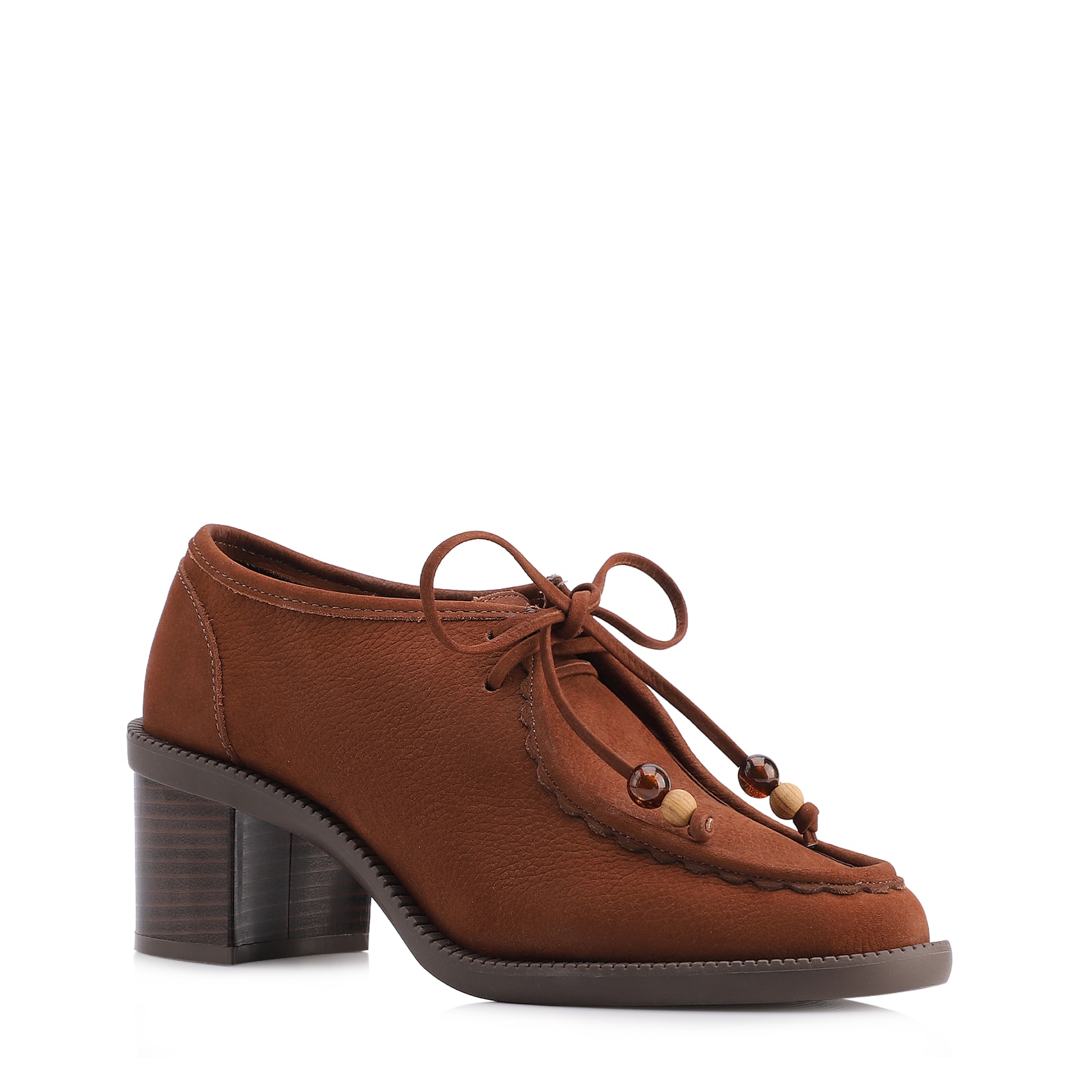 Mocassim Marrom Salto Bloco Médio Couro Nobuck Floater Amarração