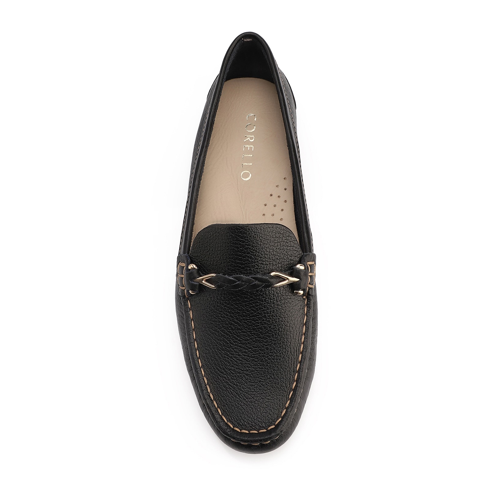 Mocassim Preto Couro Antique Tira Trançada Pespontos