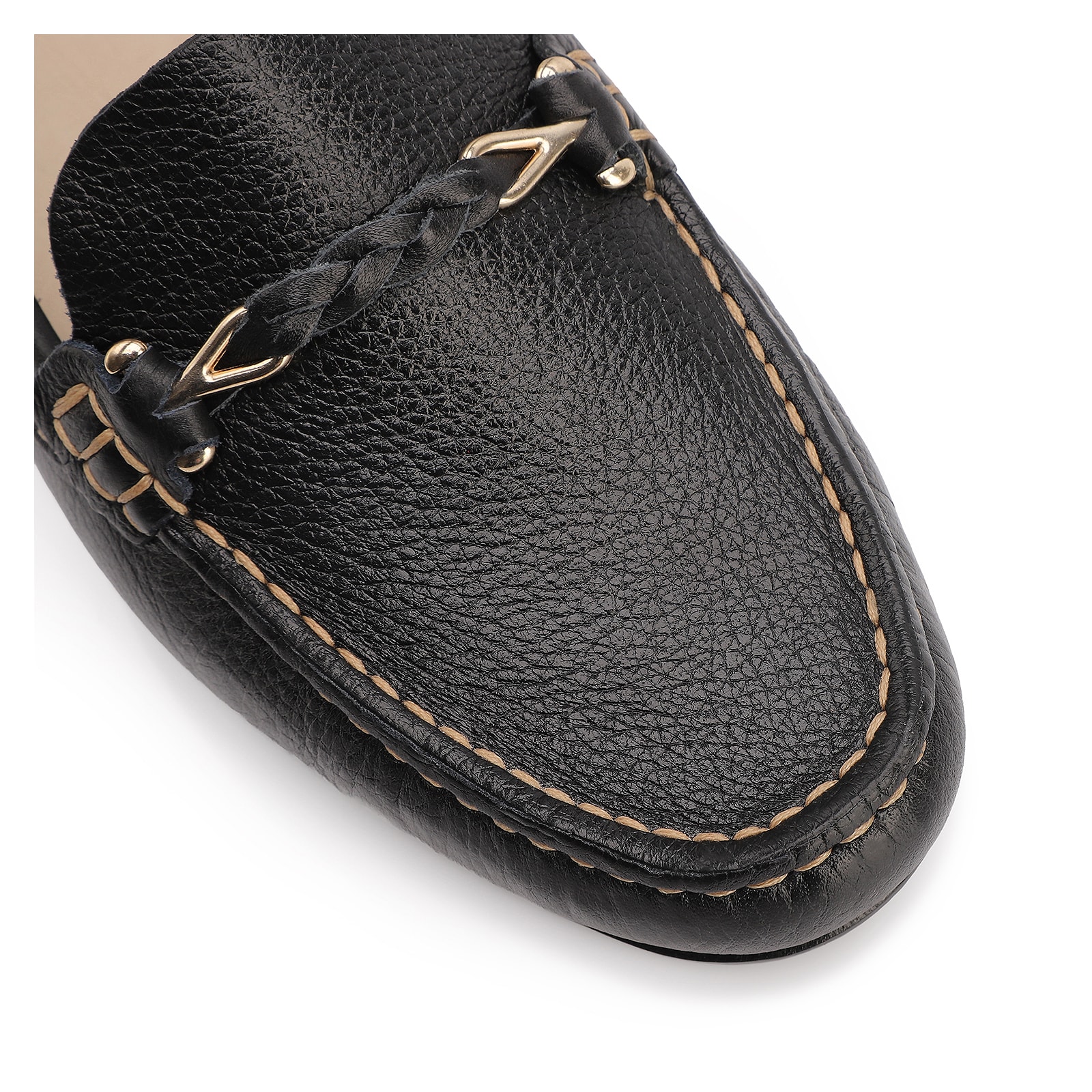 Mocassim Preto Couro Antique Tira Trançada Pespontos