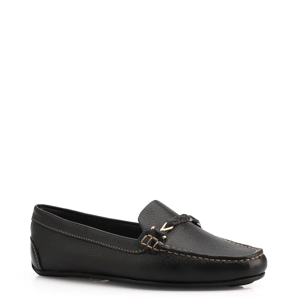 Mocassim Preto Couro Antique Tira Trançada Pespontos