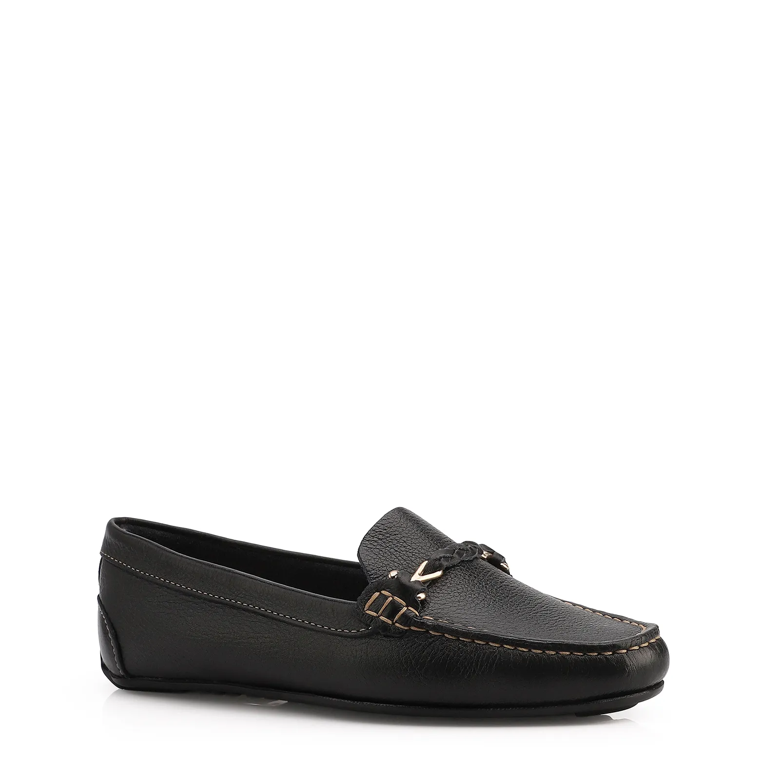 Mocassim Preto Couro Antique Tira Trançada Pespontos