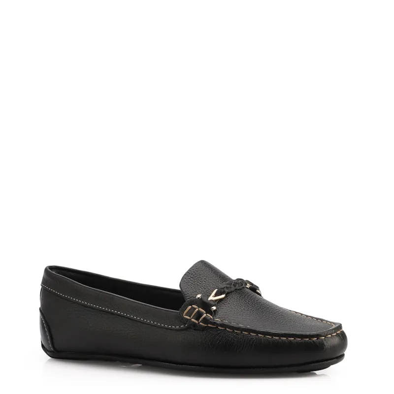 Mocassim Preto Couro Antique Tira Trançada Pespontos