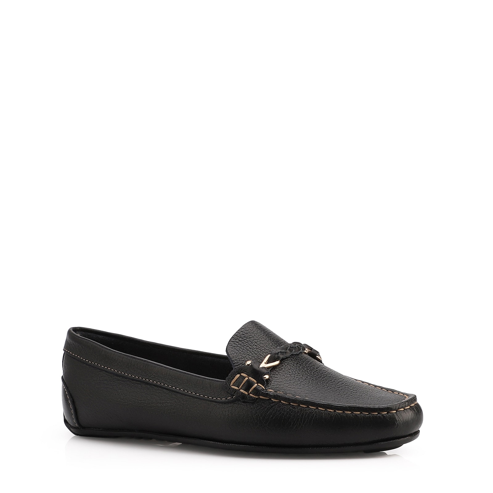 Mocassim Preto Couro Antique Tira Trançada Pespontos