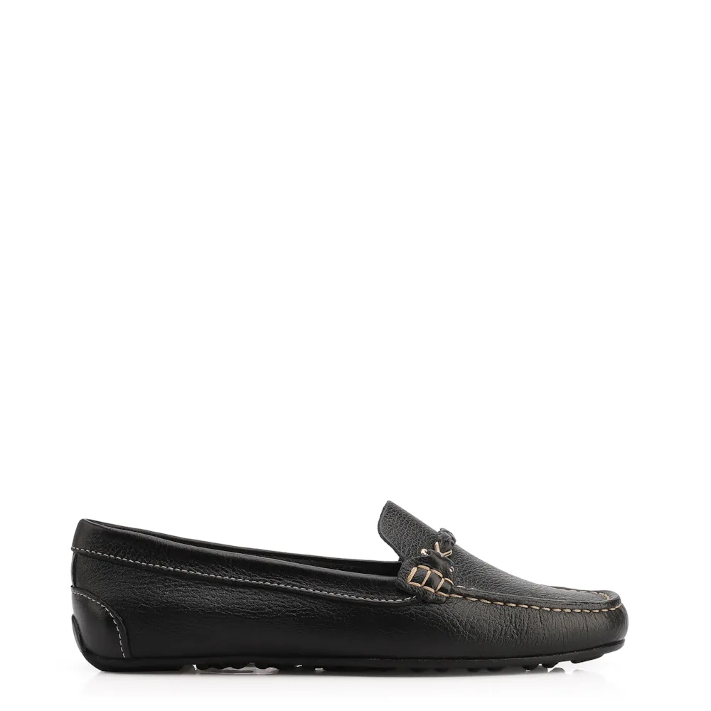 Mocassim Preto Couro Antique Tira Trançada Pespontos - imagem 2