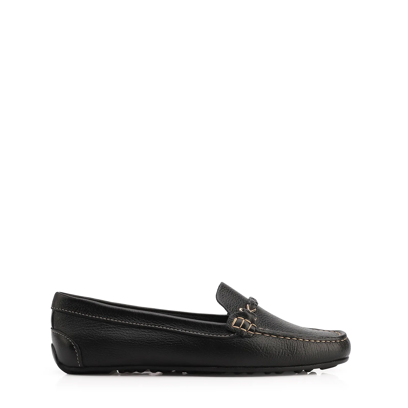 Mocassim Preto Couro Antique Tira Trançada Pespontos