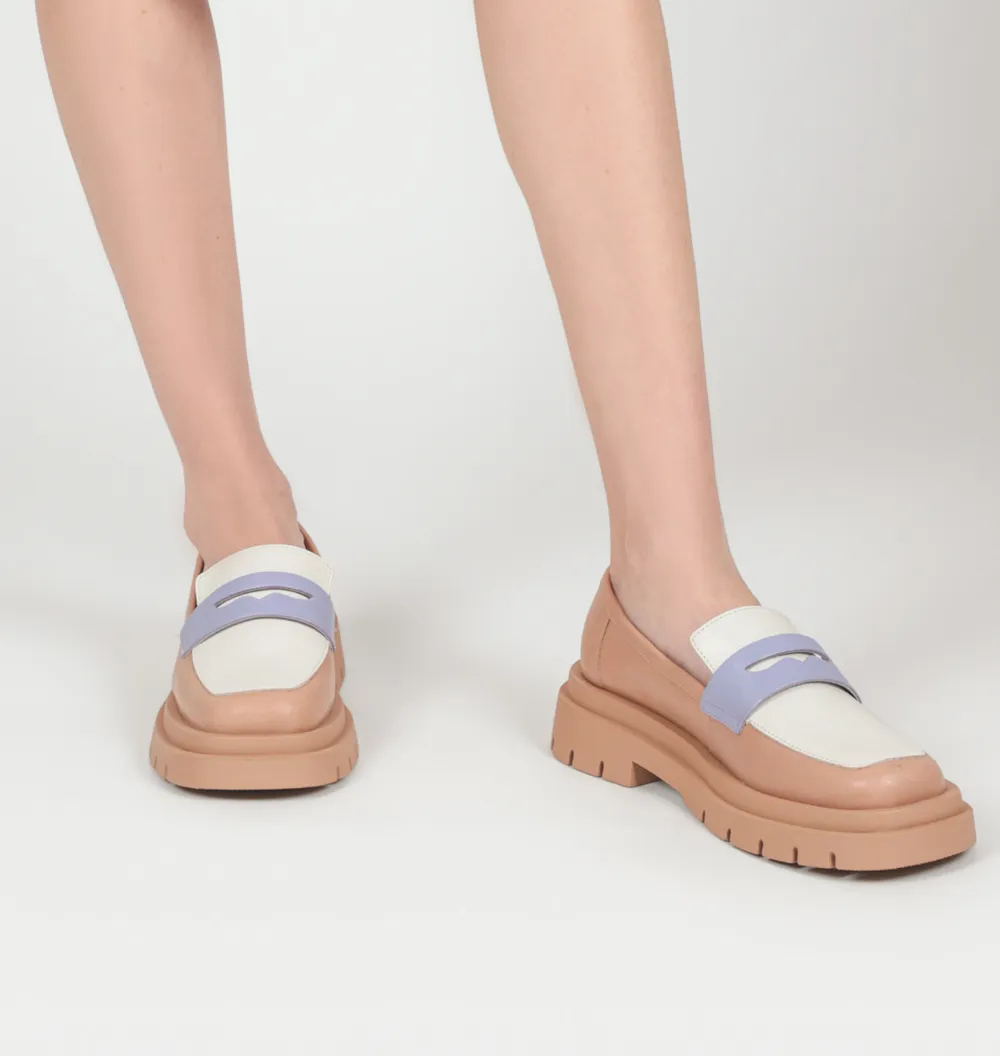 Mocassim Tratorado Couro Bege/Off White/Lilás - imagem 2