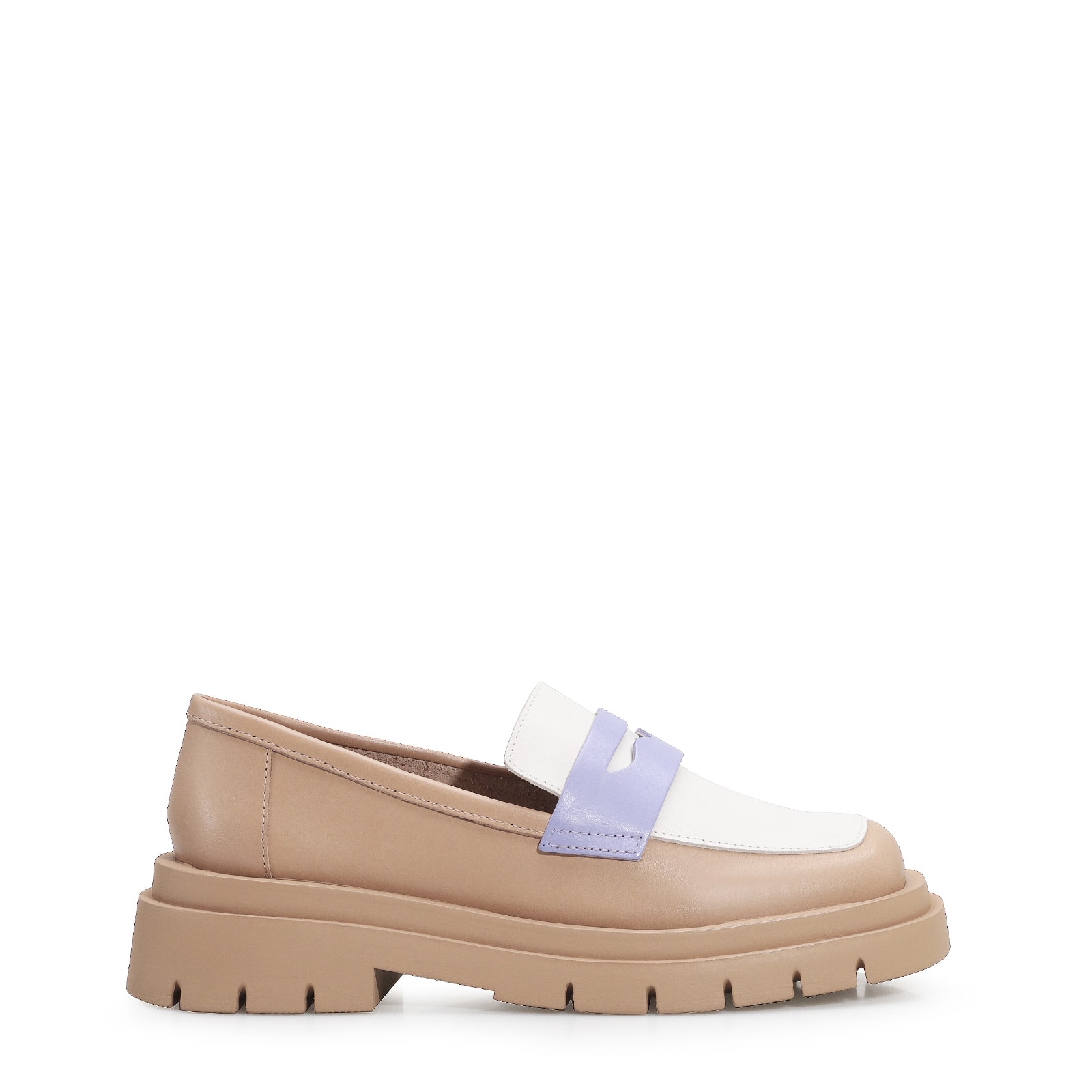 Mocassim Tratorado Couro Bege/Off White/Lilás