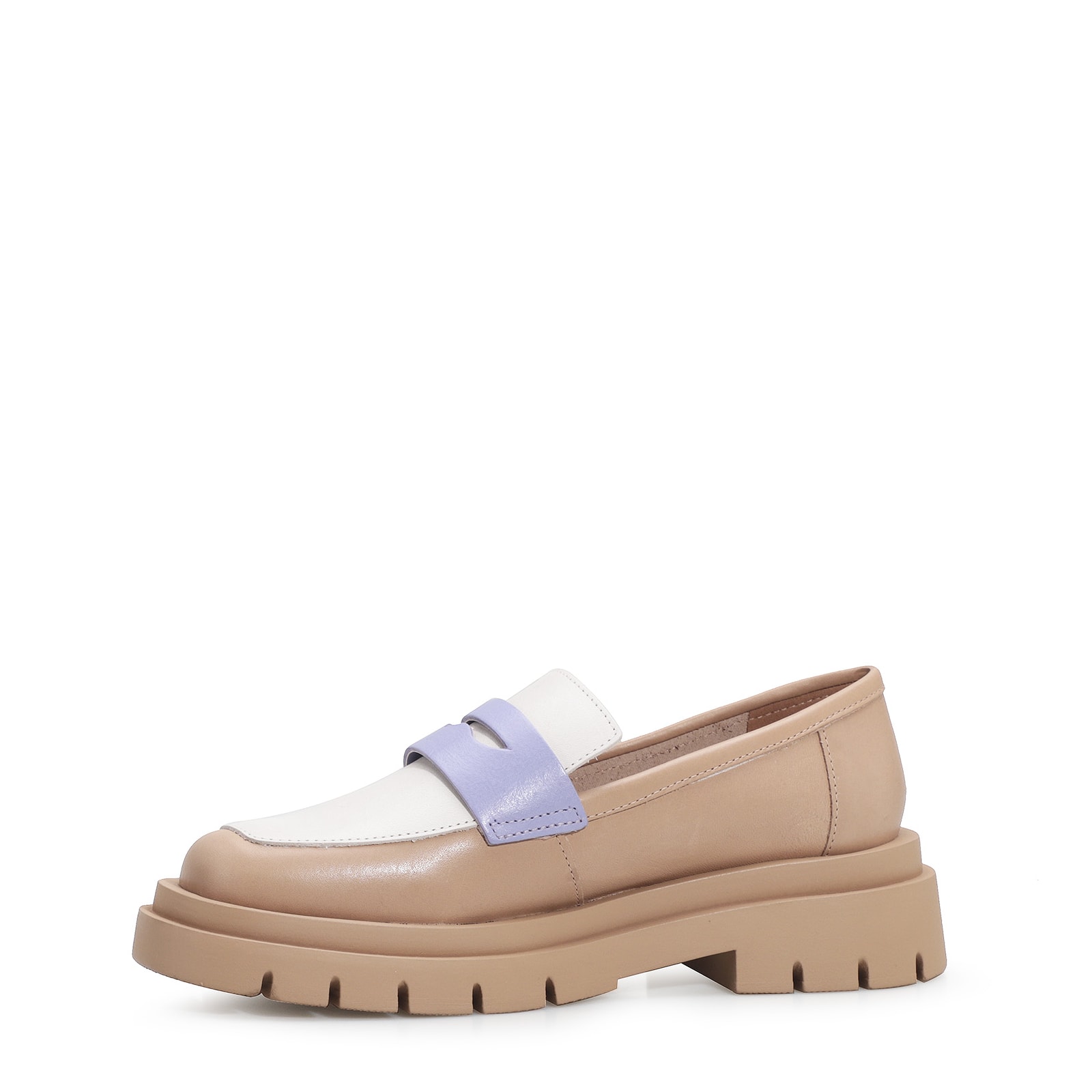 Mocassim Tratorado Couro Bege/Off White/Lilás