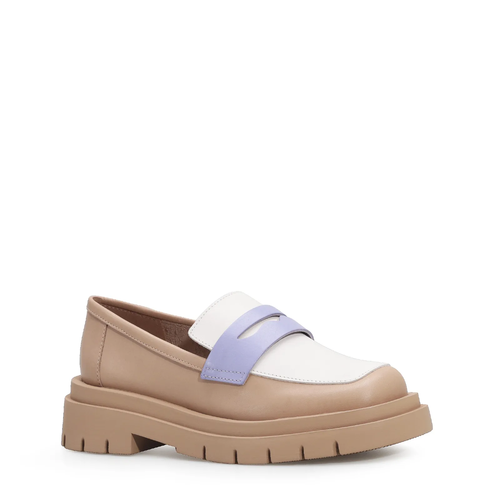 Mocassim Tratorado Couro Bege/Off White/Lilás