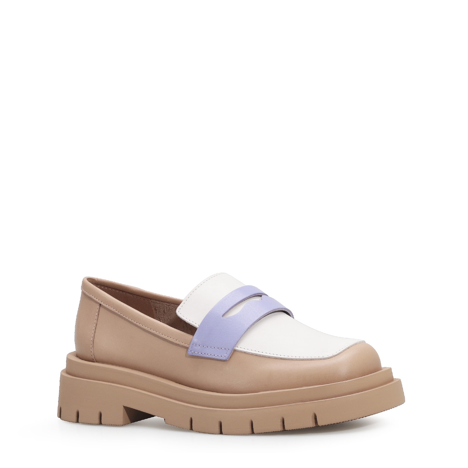 Mocassim Tratorado Couro Bege/Off White/Lilás