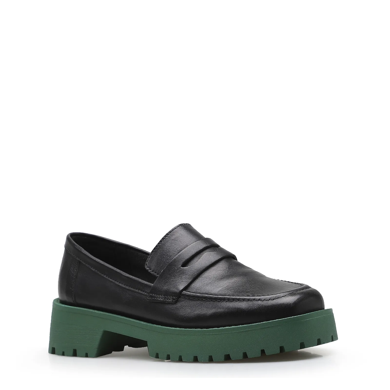 Mocassim Tratorado Couro Preto e Verde