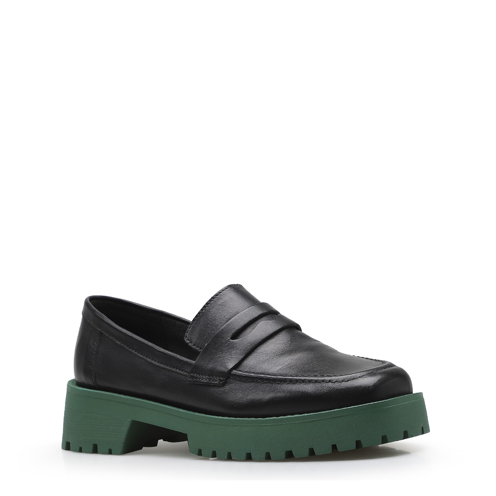 Mocassim Tratorado Couro Preto e Verde