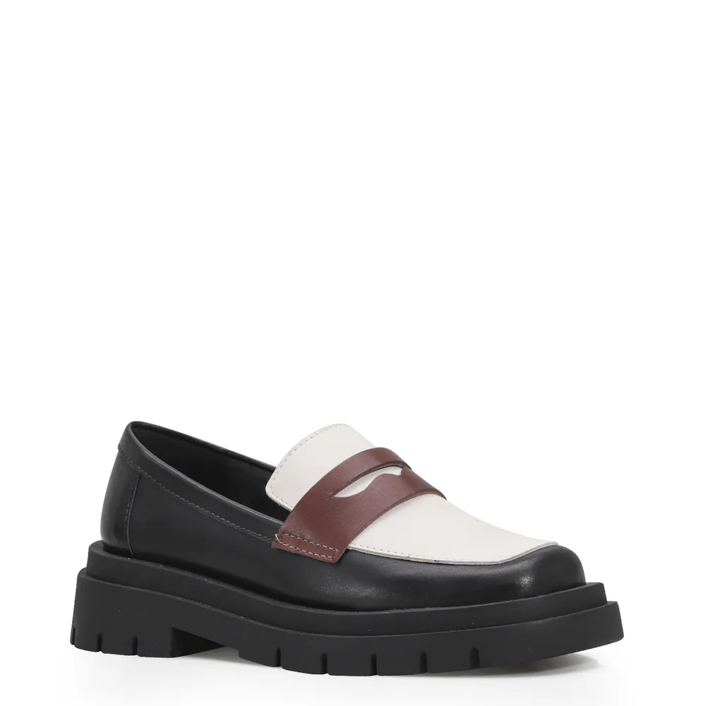 Mocassim Tratorado Couro Preto/Marrom/Off White