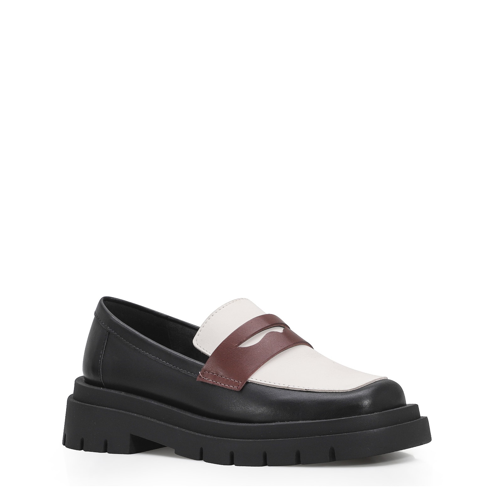 Mocassim Tratorado Couro Preto/Marrom/Off White