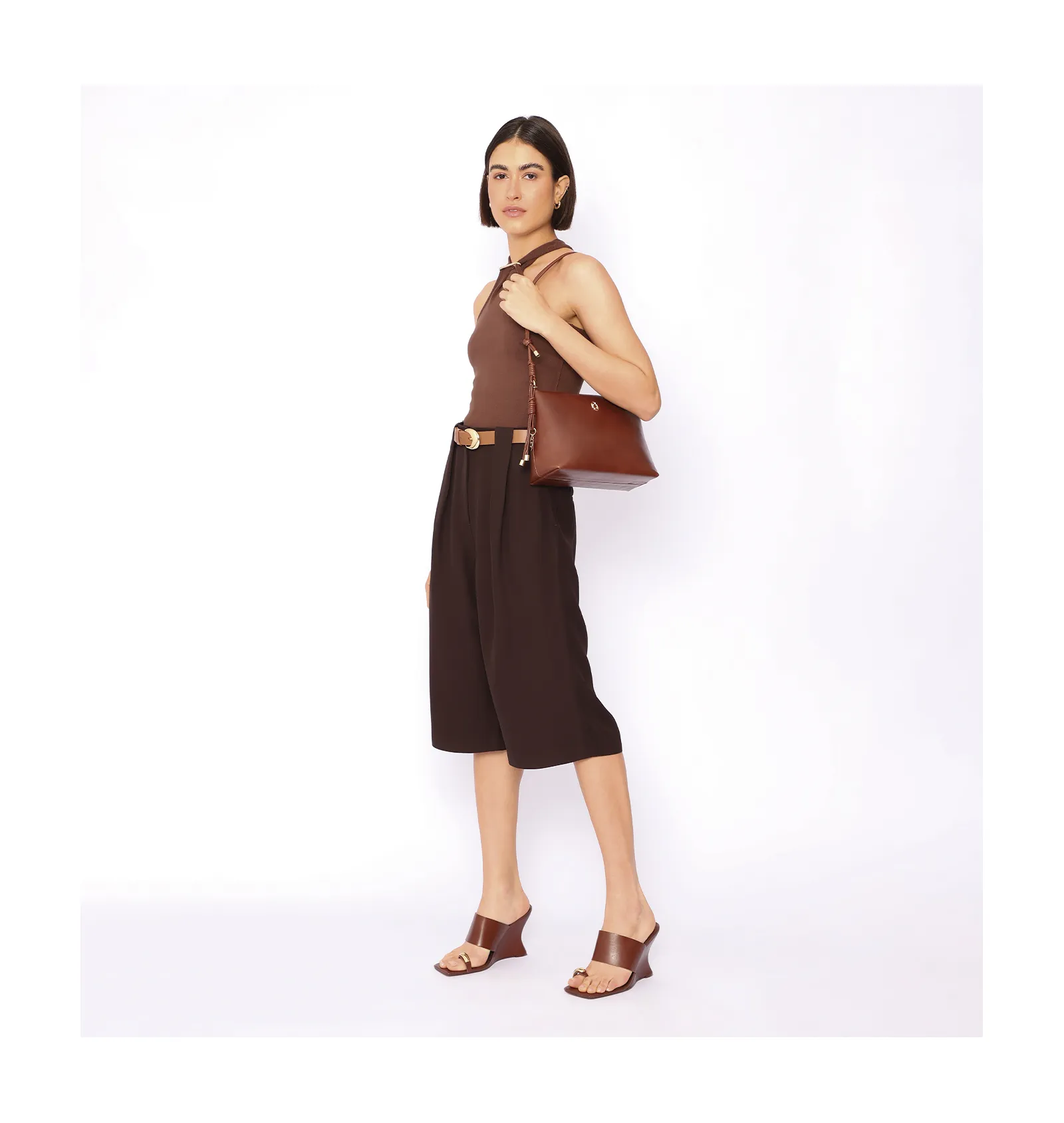 Mule Anabela Toe Ring Couro Marrom