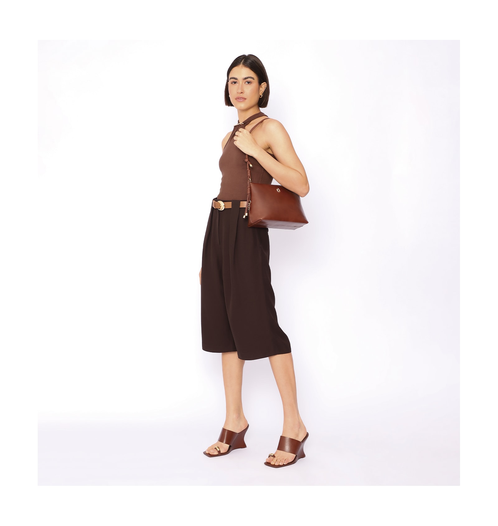 Mule Anabela Toe Ring Couro Marrom