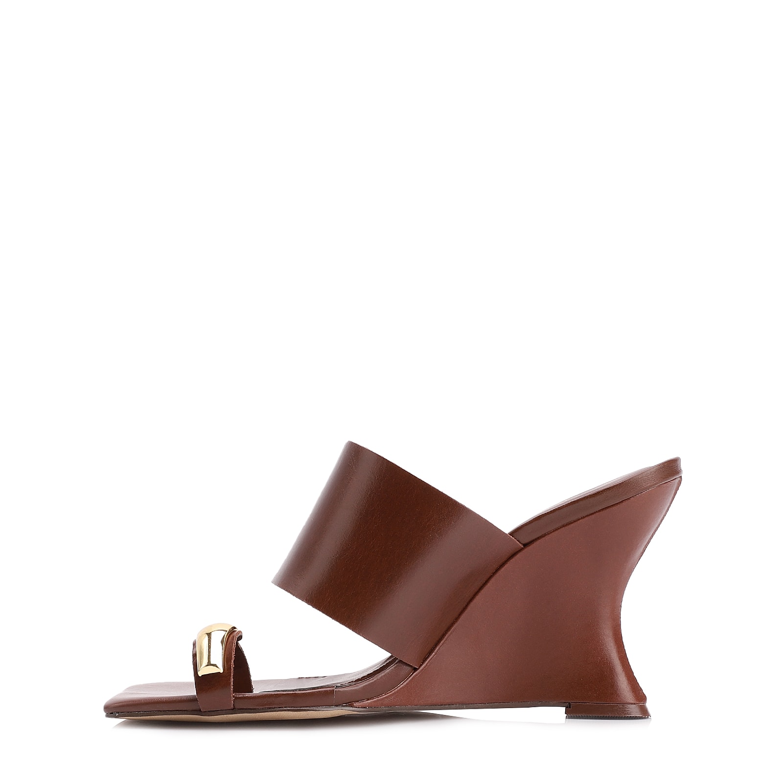 Mule Anabela Toe Ring Couro Marrom