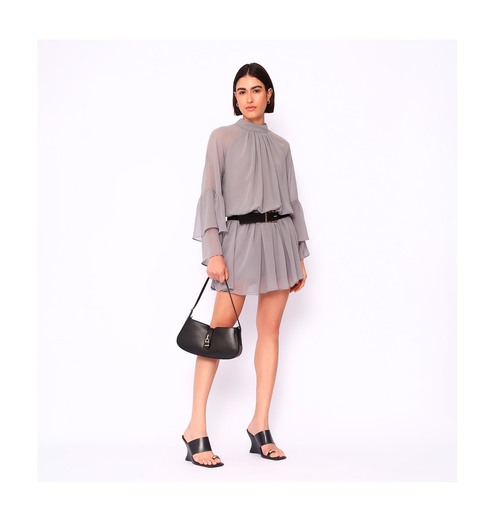 Mule Anabela Toe Ring Couro Preto