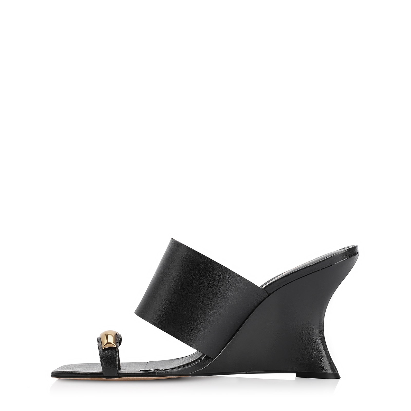 Mule Anabela Toe Ring Couro Preto