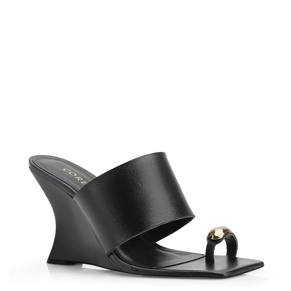 Mule Anabela Toe Ring Couro Preto