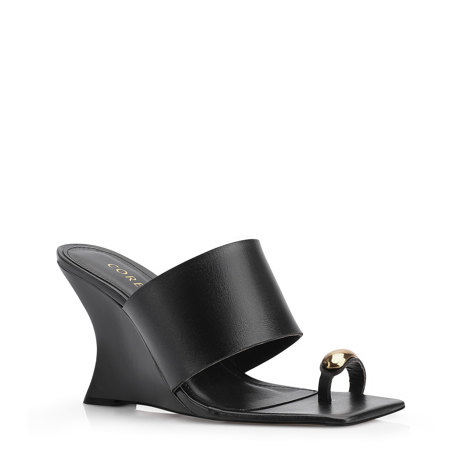 Mule Anabela Toe Ring Couro Preto