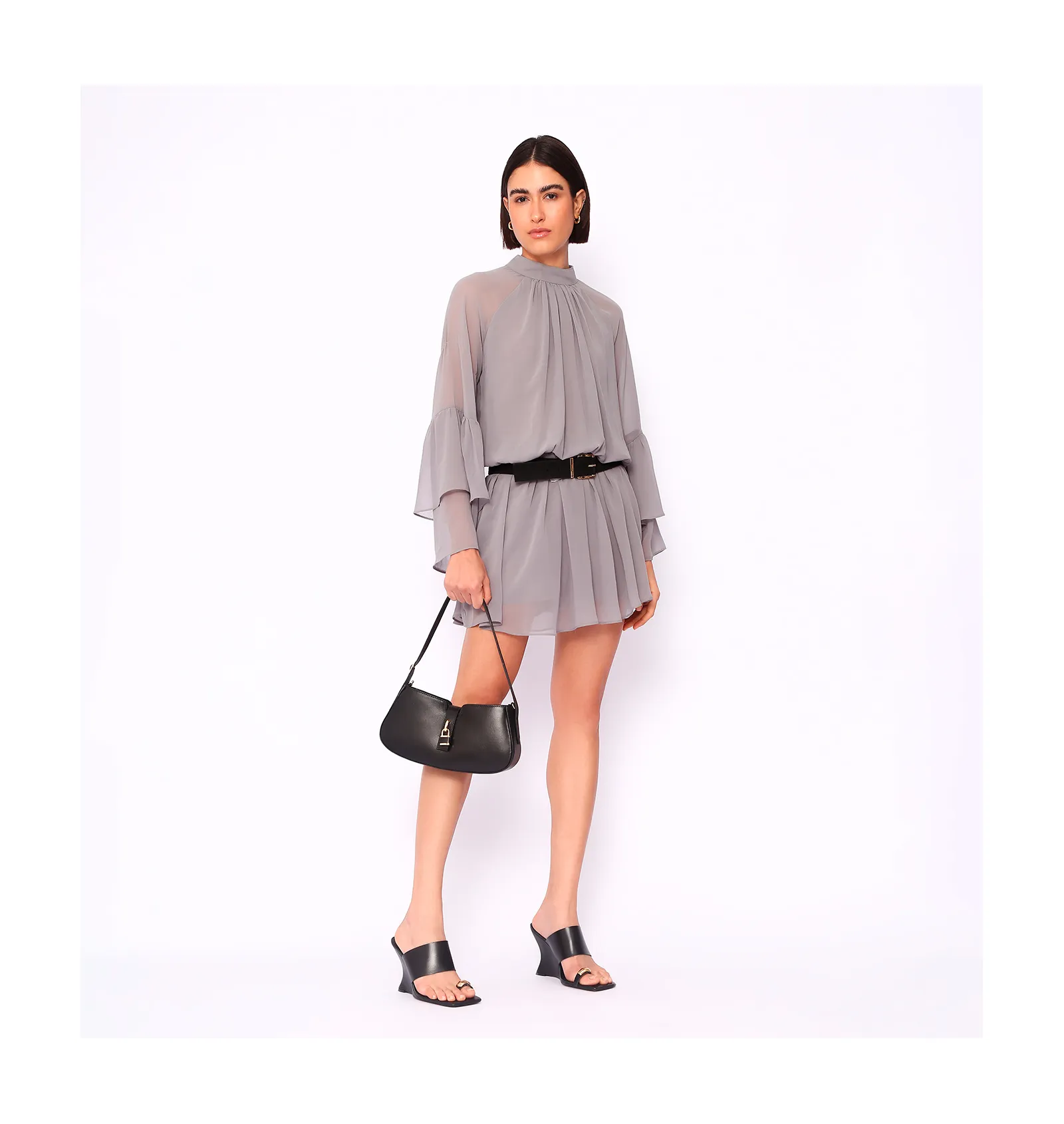 Mule Anabela Toe Ring Couro Preto