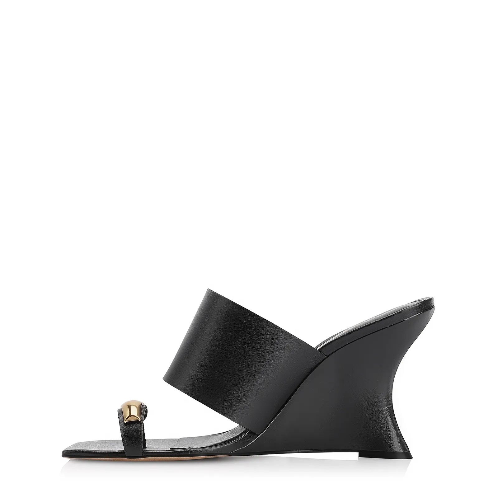 Mule Anabela Toe Ring Couro Preto