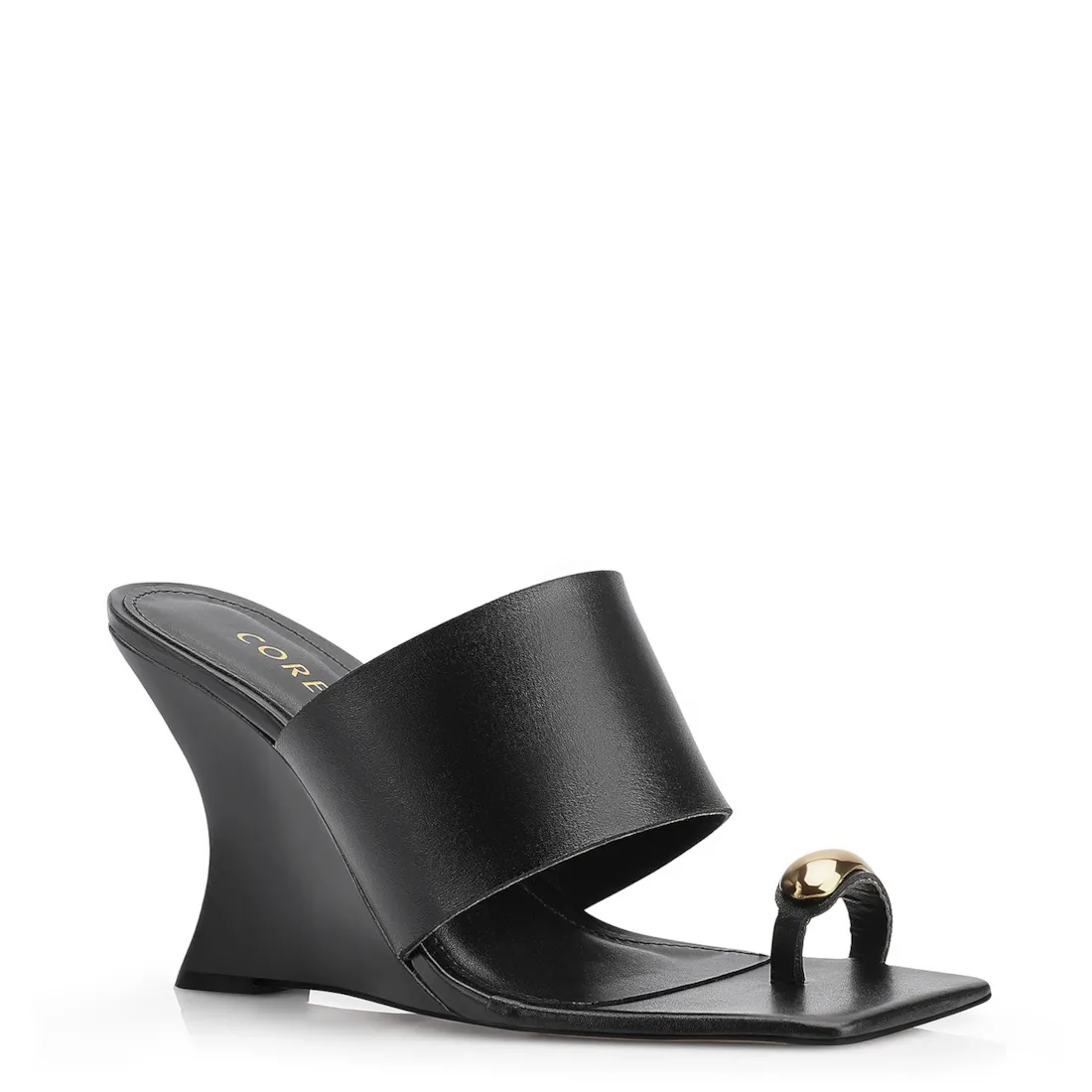Mule Anabela Toe Ring Couro Preto