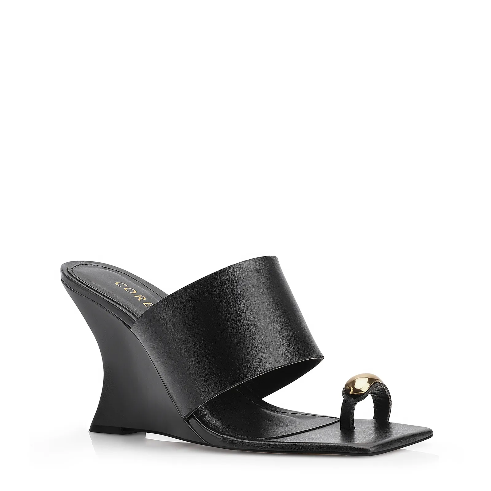 Mule Anabela Toe Ring Couro Preto