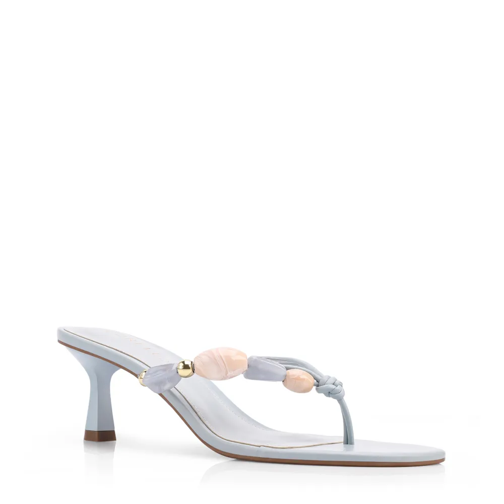 Mule Azul Salto Fino Baixo Alt Pedras Laterais
